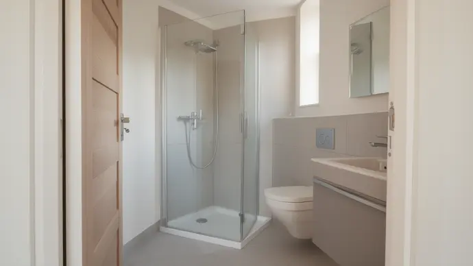 Kleine badkamer met douchecabine, wastafel en hangtoilet